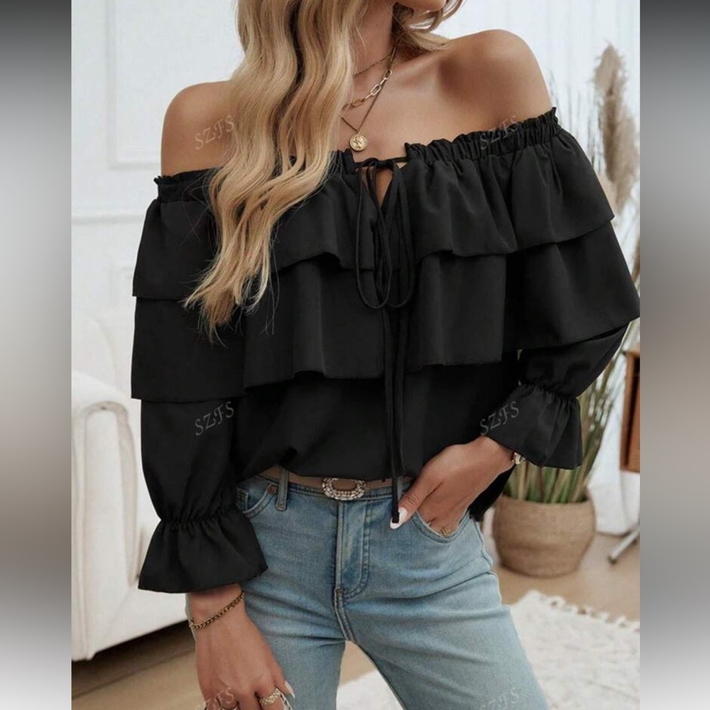 Stylish Black Ruffle Off-Shoulder Blouse - Picture 3 of 5